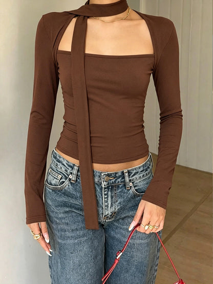 Sexy Square Collar Halter Tied Long Sleeves Top Slim Fit Slimming Sexy Outer Wear Bottoming Shirt Women