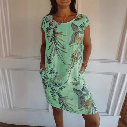 Women Clothing Summer Cotton Linen round Neck Printed with Pocket