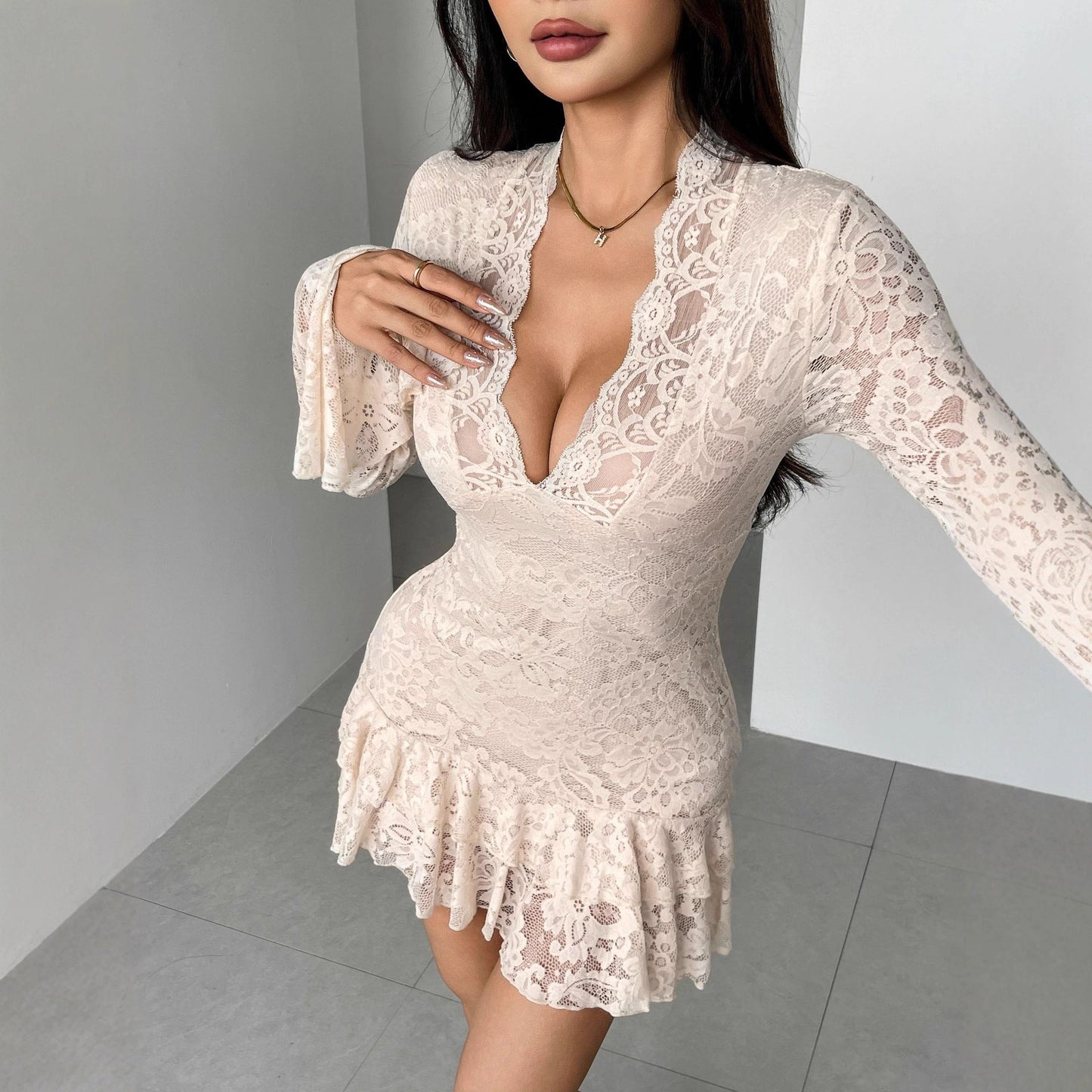 Autumn Winter Lace V neck Double Layer Ruffled Slim Fit Sheath Dress