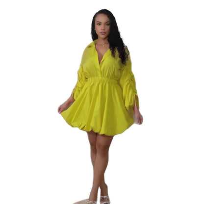 Sexy Casual Office Drawstring Sleeve Fitted Waist Bubble Shirt Collar Long Sleeve Dress