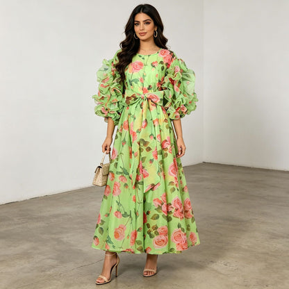 Retro Romantic Palace Rose Print Dress for Women round Neck Design Puff Sleeve Dress
