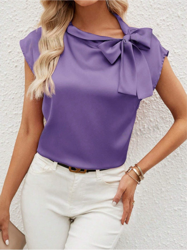 Half Open Collar Bow Satin Top Special Interest Design Satin Women Clothing T shirt