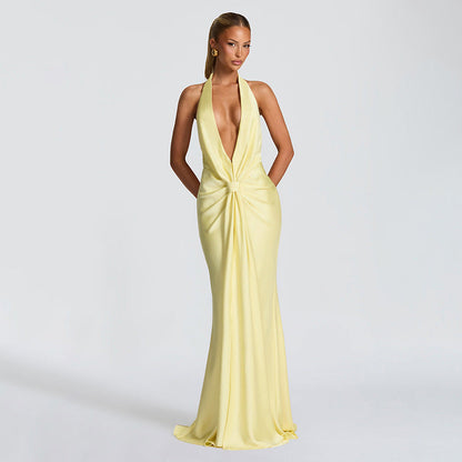 Autumn Winter Women Solid Color Deep V Plunge neck Halter Ribbon Pleated Sexy Backless Elegant Dress for Women