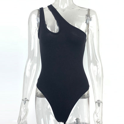 Summer Women Sexy Slim Cotton Rib One Shoulder Hollow Out Cutout Out Jumpsuit
