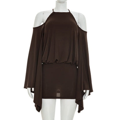 Women Clothing Summer Solid Color Casual Halter Large Bell Sleeve Backless Sheath Short Dress