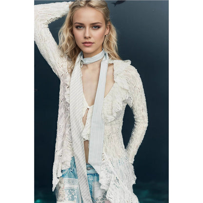 Lace V neck Shirt Women Autumn Ruffles Cardigan Long Sleeve Short Knitted Top
