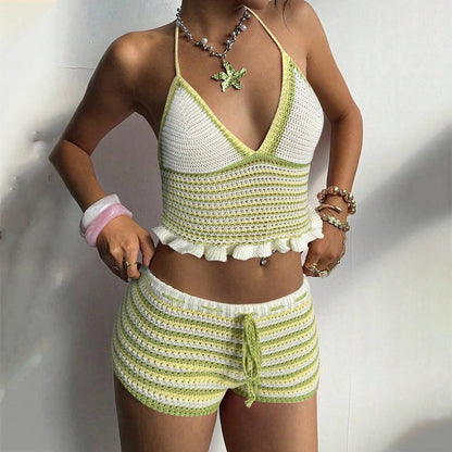 Solid Color Sexy V Neck Beach Vest Swimsuit Blouse Sun Proof Set For Women