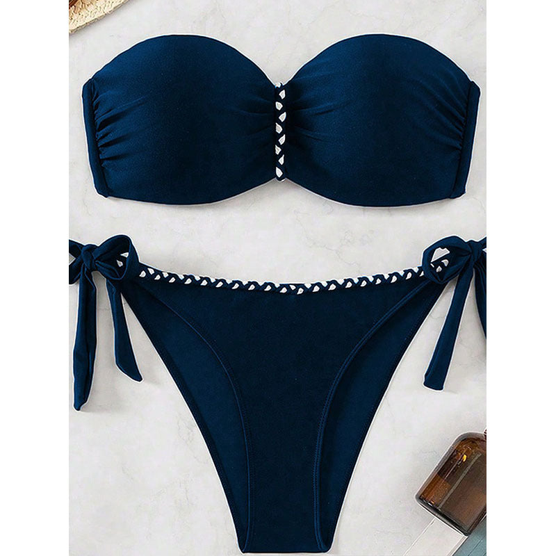 Solid Color Tube Top Sexy Swimsuit Women Sexy Lace up Bikini Beach Swimming Two Piece Sets