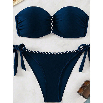 Solid Color Tube Top Sexy Swimsuit Women Sexy Lace up Bikini Beach Swimming Two Piece Sets