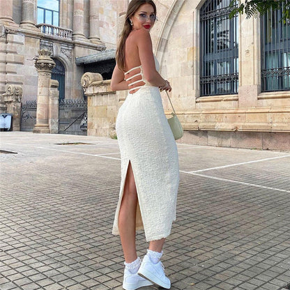 Autumn Sexy Low Cut V Neck Hollow Out Cutout Backless Halter Lace up Mid Length Split Dress Women