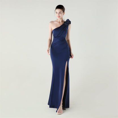 One Shoulder Three Dimensional Floral Satin Folding High Slit Sexy Evening Dress Dinner Wedding Social