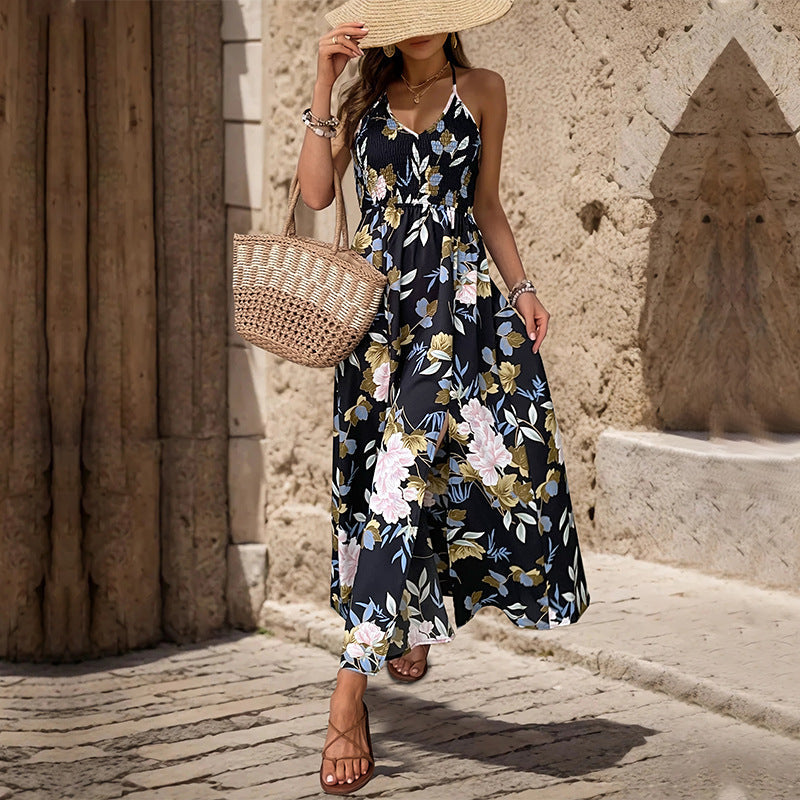 Summer Printing A Line Long Split Sling Backless Dress