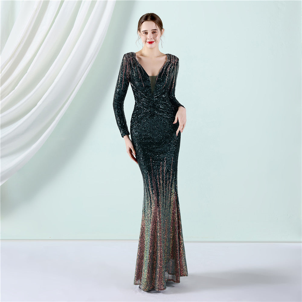 Gradient Sequin Long Sleeve Evening Dress Spring Summer Long Sequ Dress Toast Dress