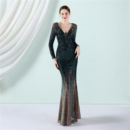 Gradient Sequin Long Sleeve Evening Dress Spring Summer Long Sequ Dress Toast Dress