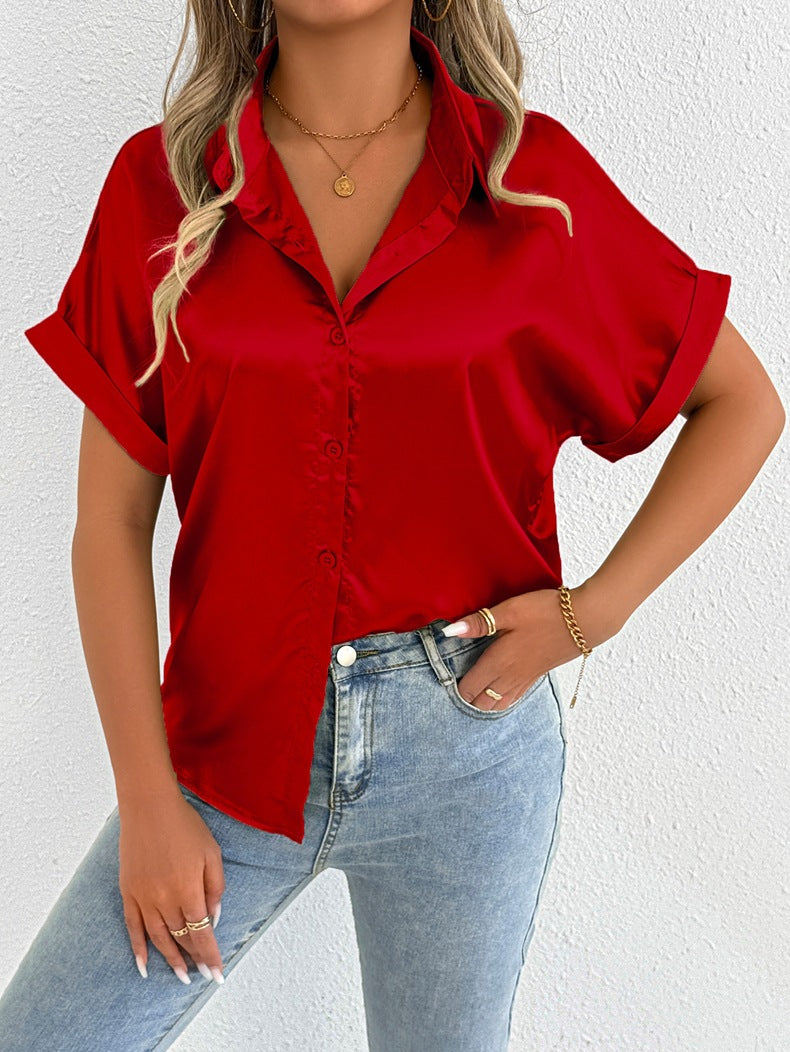 Women Clothes Summer Blue Color Satin Shirt Women Satin Shirt