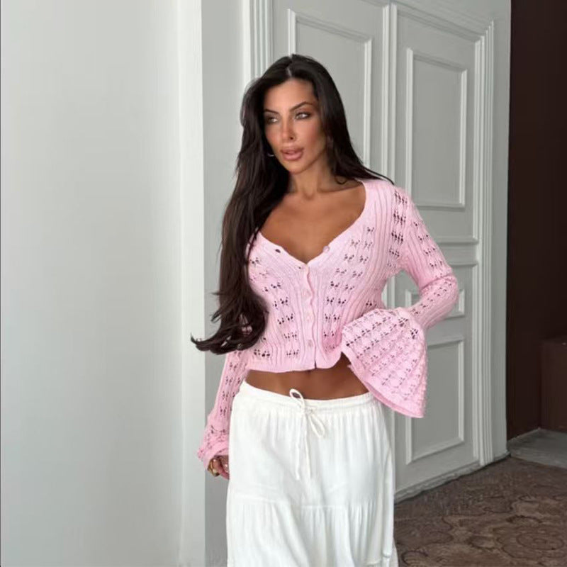 Design Hollow Out Cutout out Sexy Knitted Cardigan Solid Color Long Sleeve V neck French Short Bell Sleeve Blouse
