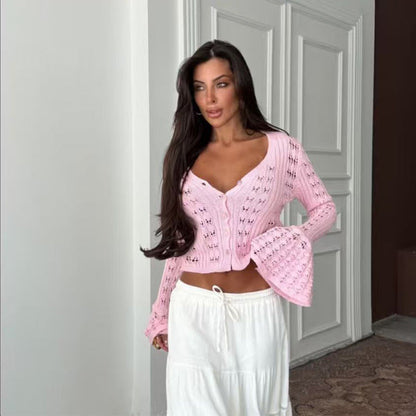 Design Hollow Out Cutout out Sexy Knitted Cardigan Solid Color Long Sleeve V neck French Short Bell Sleeve Blouse