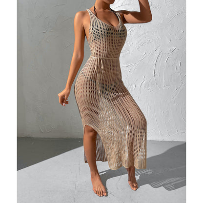 Vacation Beach Blouse Hollow Out Cutout Backless Knitted Dress Women