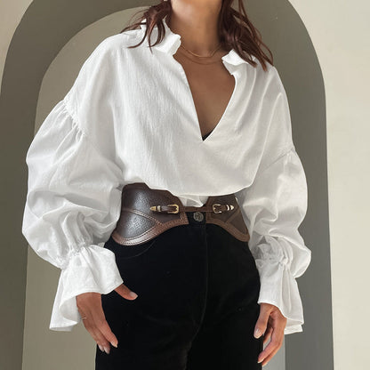 Spring Women Clothing Cotton White Shirt Texture Loose V neck Puff Sleeve Long Sleeved Top