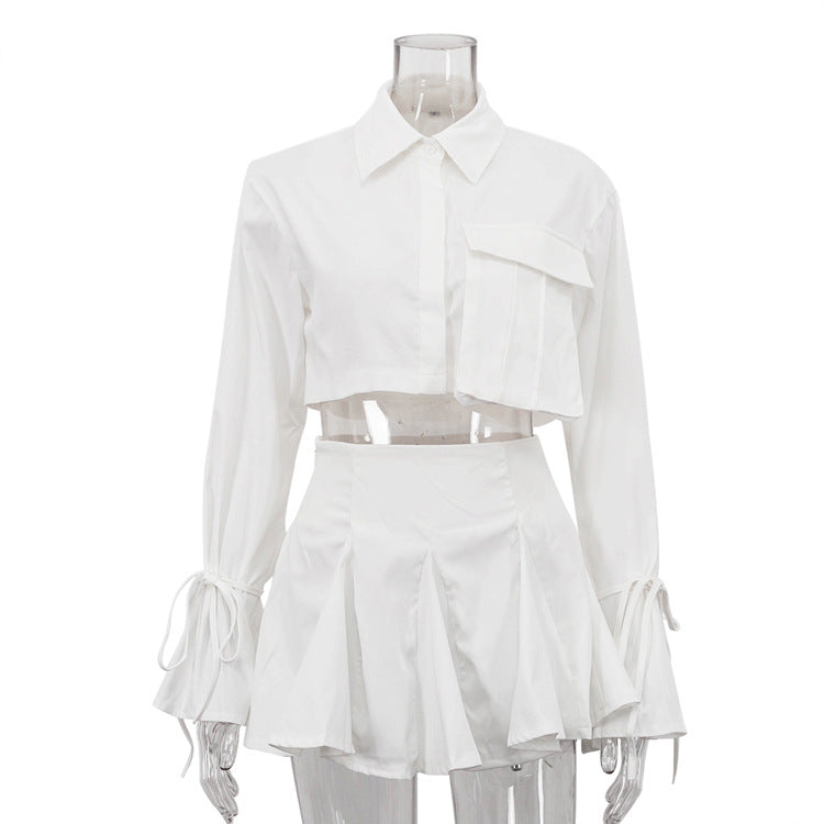 Women Clothing Outfit White Collared Bell Sleeve Short Top Pleated Skirt Two Piece Sets