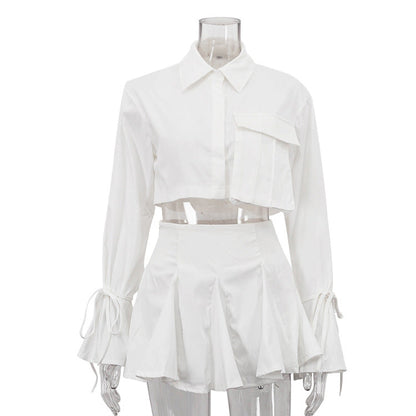 Women Clothing Outfit White Collared Bell Sleeve Short Top Pleated Skirt Two Piece Sets