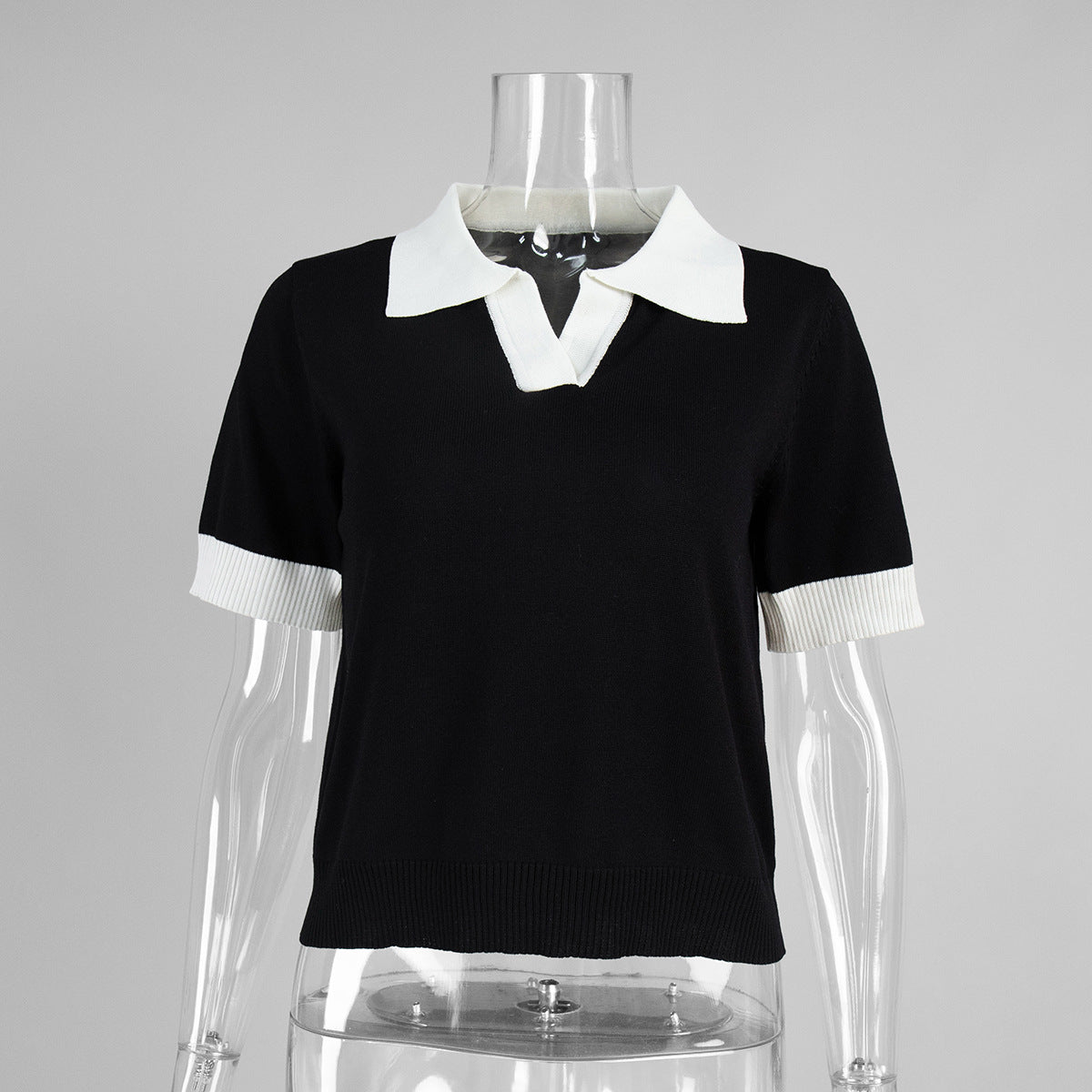 Short Sleeved Knitwear Summer Office Polo Collar Contrast Color Slim Fit Knitted Top