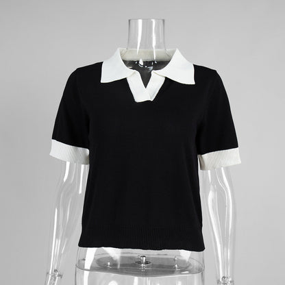 Short Sleeved Knitwear Summer Office Polo Collar Contrast Color Slim Fit Knitted Top
