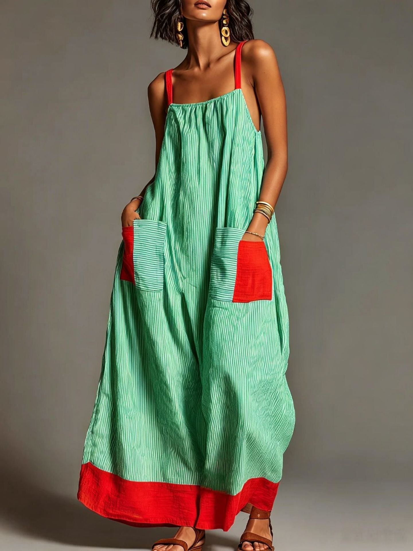 Striped Strap Dress Summer Elegant Travel Holiday Women Long