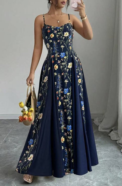 Summer Printed Waist Controlled Splicing Sling Maxi Dress Women Elegant Floral Dress
