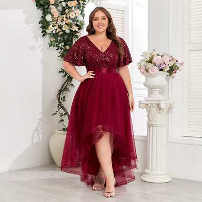 Spring Summer Double V neck Elastic Waist Short Sleeve Irregular Asymmetric Evening Dress Party Midi Women Dress