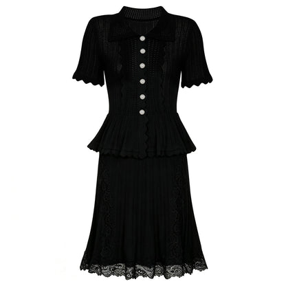 Summer Ladies Internet Popular Slim Fitting Slimming Pearl Buckle Faux Two Pieces Short Sleeve Dress
