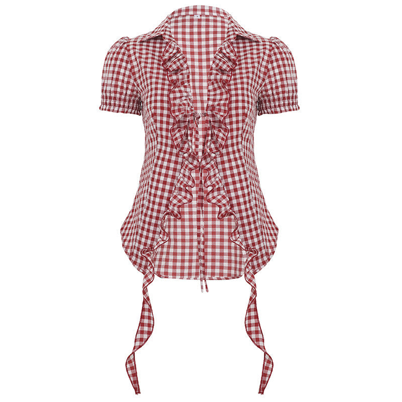 Red Plaid Overshirt Women Clothing Pleated Stringy Selvedge Lace up Puff Sleeve Short Sleeve T shirt