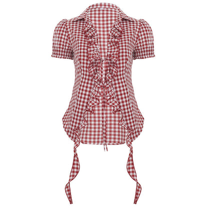 Red Plaid Overshirt Women Clothing Pleated Stringy Selvedge Lace up Puff Sleeve Short Sleeve T shirt