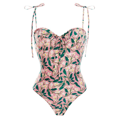 Women Lace up One Piece Women Swimwear French Retro Cover Belly Slimming Swimsuit Chiffon Beach Dress