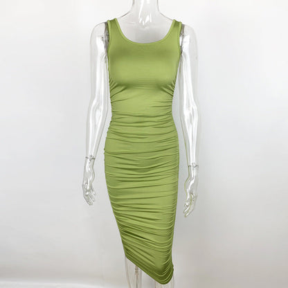 Summer Sexy Women Wear Solid Color Tight Backless Sleeveless Pleated Dress