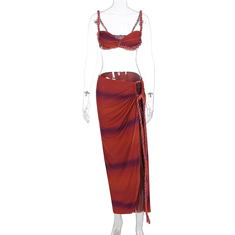 Summer Sexy Beach Vacation Swimsuit Woven Halter Top Top Split Skirt Set