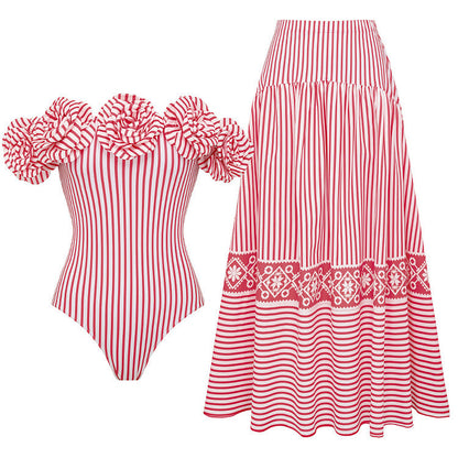 Swimsuit Tube Top 3D Floral Decorative Striped One Piece Swimsuit Women