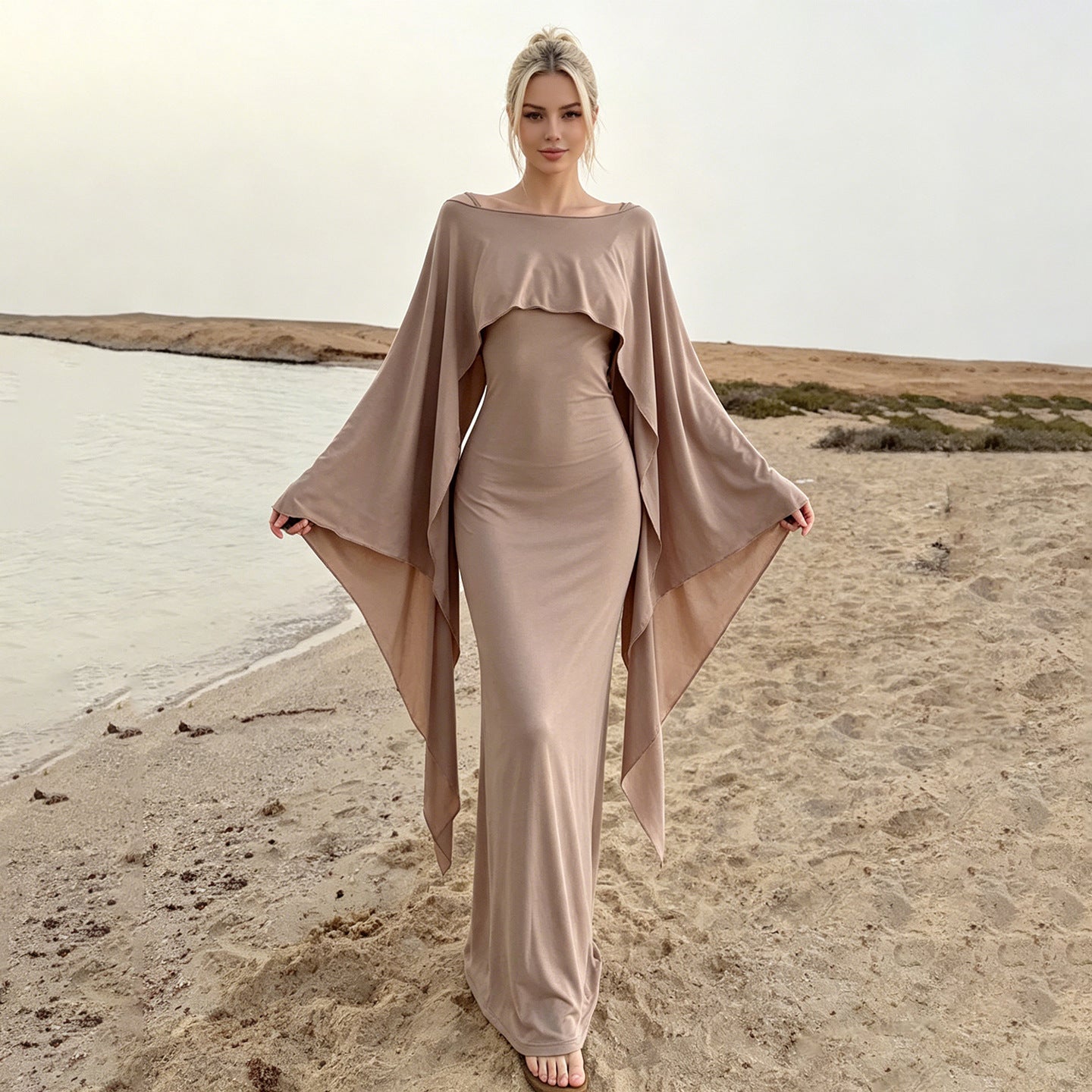 Sexy Adult Lady like Woman Elegant Batwing Sleeve Shawl Strap Backless Cami Dress Two Piece Set for Women