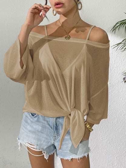 Women Clothing Solid Color Thin Top Lace up Bow Loose off Shoulder Beach Beach Cover Up