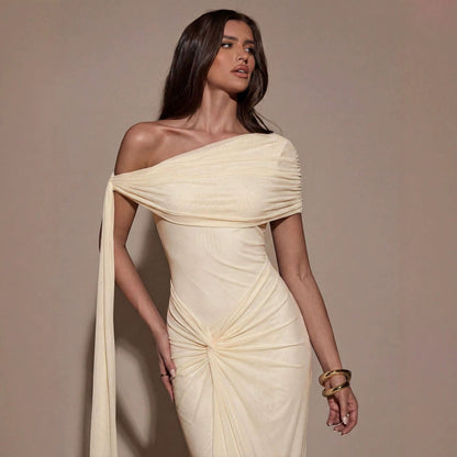 Women Clothing Oblique Shoulder Irregular Asymmetric Maxi Dress Pleated Slim Summer Dress for Women