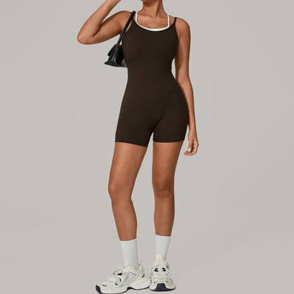 Autumn Sand Faux Two Piece Contrast Color Sling Sports Jumpsuit One Piece Yoga Clothes Backless Outdoor Fitness One Piece