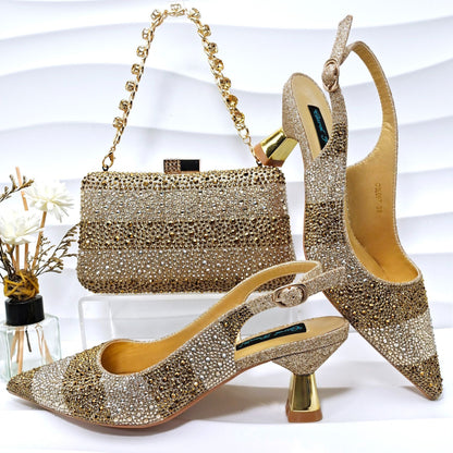Simple Pointed Striped Delicate Rhinestone Decorative Cocktail Elegant Women Shoes Bags Two Piece Sets High Heels