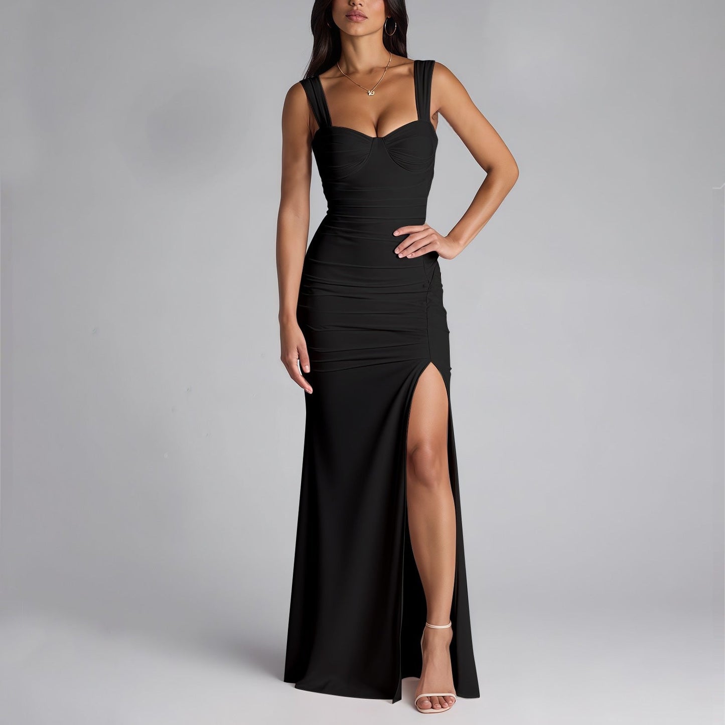 Mesh Camisole Dress Backless High Slit off Neck Slim Fit Ruffle Hip Dress