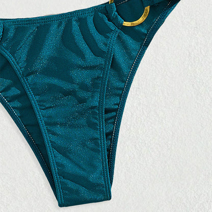 Sexy Bikini Solid Color Biniki Split Swimsuit Gold Ring Halter Swimsuit