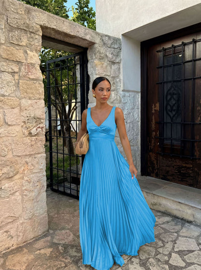 Goods Spring Summer Dress Fitted Waist Pleated V neck Brace Solid Color Dress
