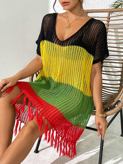 Women Lace up Dress Lace up Bow Color Contrast Patchwork Sexy Cutout Tassel Dress Beach Beach Cover Up