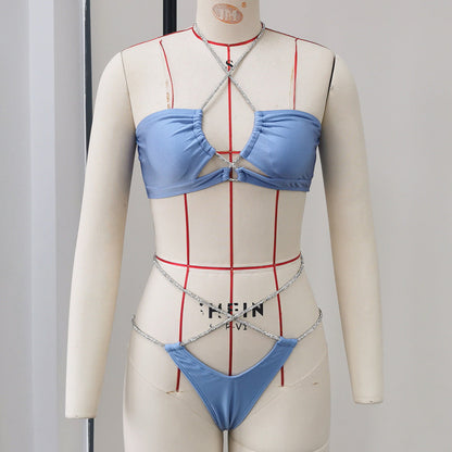 Women Solid Color Chain Lace up Cutout Sexy Bikini Split Swimsuit