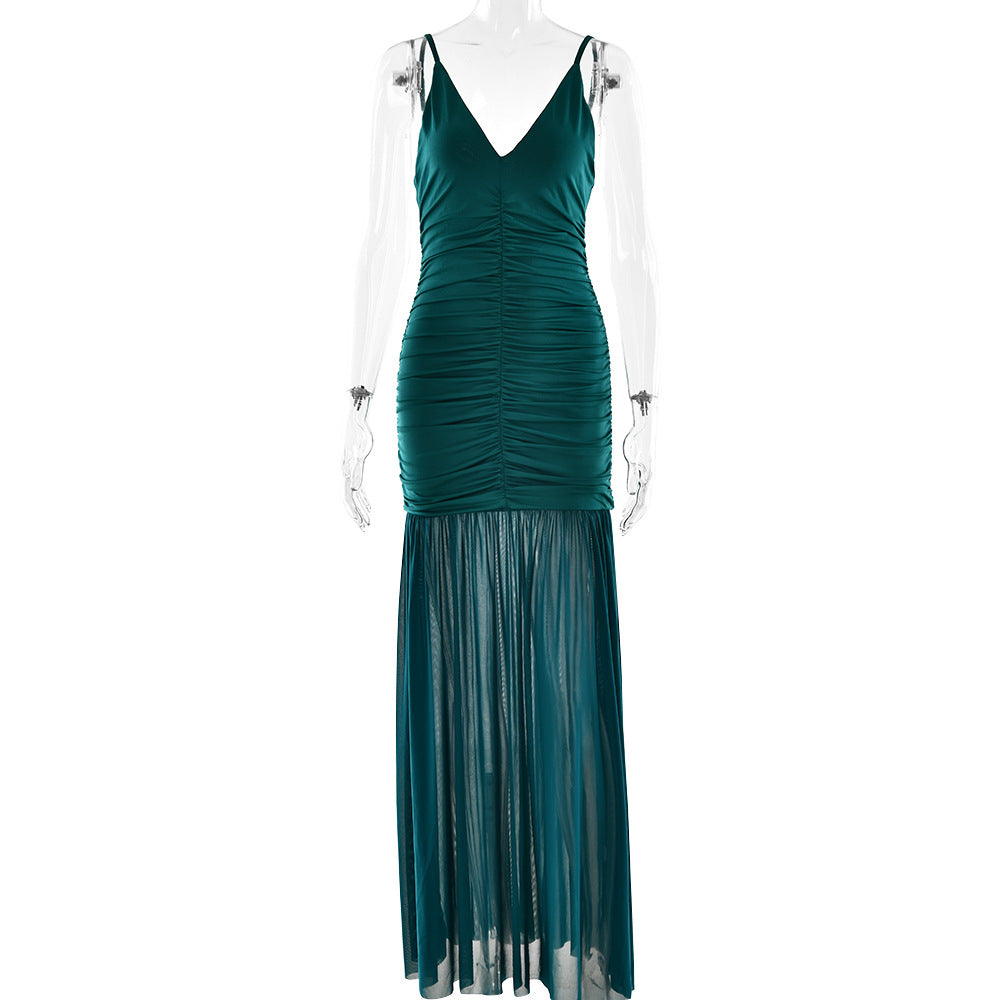 Elegant Straps Tulle Dress Sexy Deep V Plunge Pleated Stitched Backless Maxi Dress