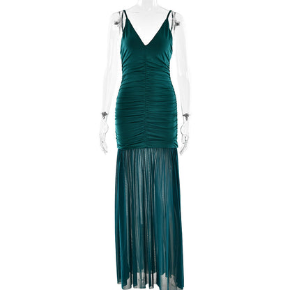 Elegant Straps Tulle Dress Sexy Deep V Plunge Pleated Stitched Backless Maxi Dress