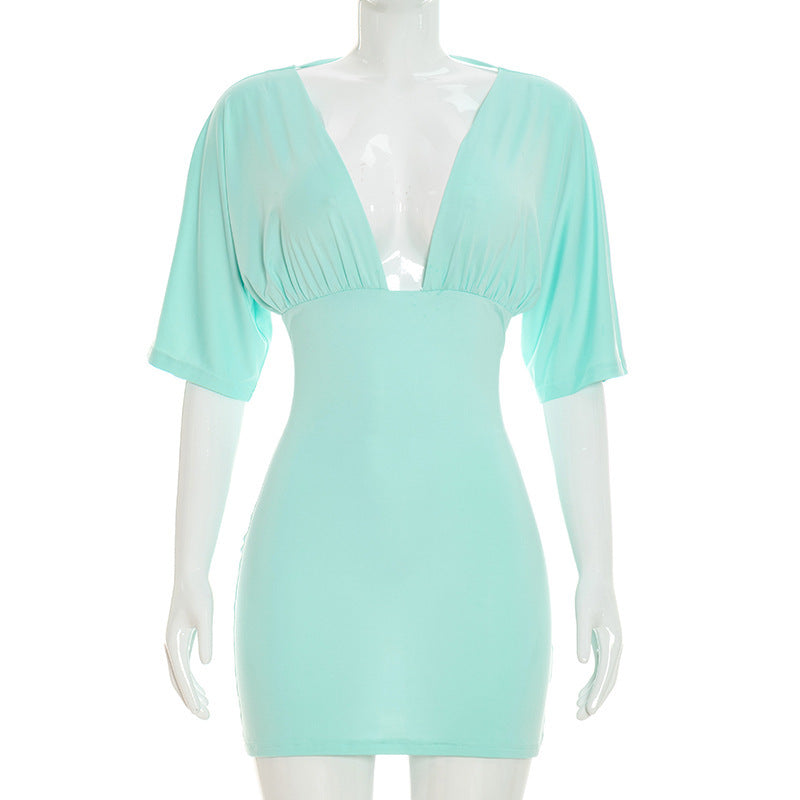 Women Clothing Summer Solid Color V neck Pleated Half Sleeve Slim Sheath Dress Women